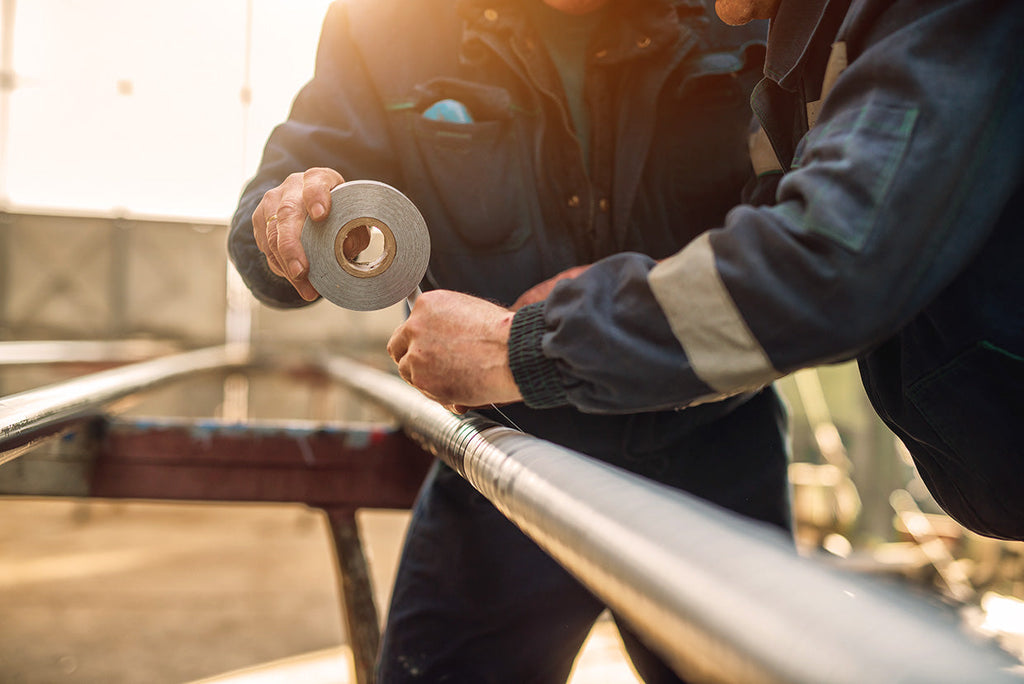 two workers repairing a metal pipe with adhesive tape