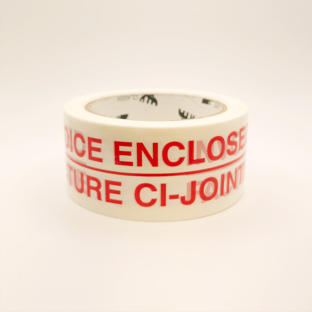 Roll of tape with 'Please Enclose' text on a white background