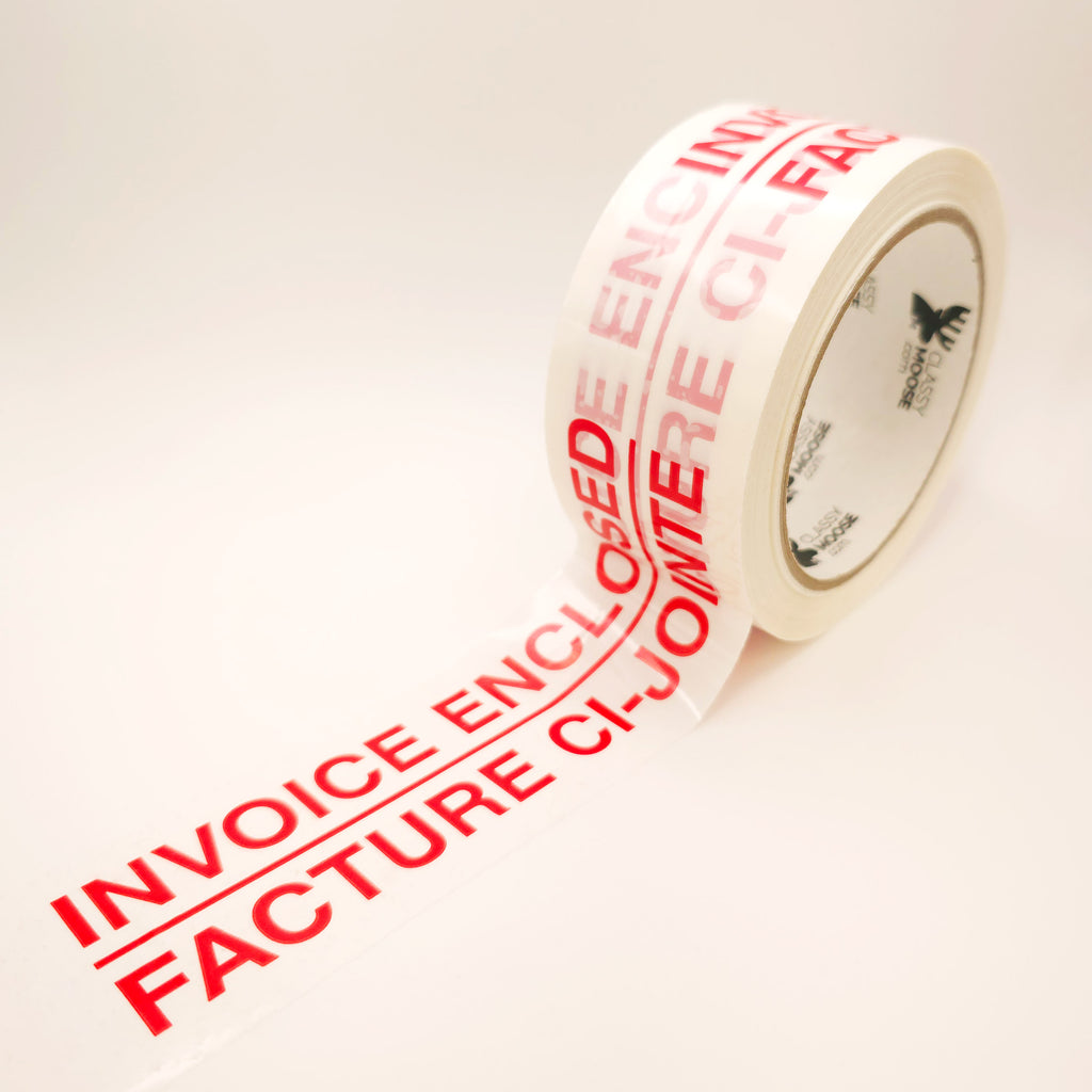 Roll of tape with 'Invoice Enclosed- Facture c-jointe' text on a white background