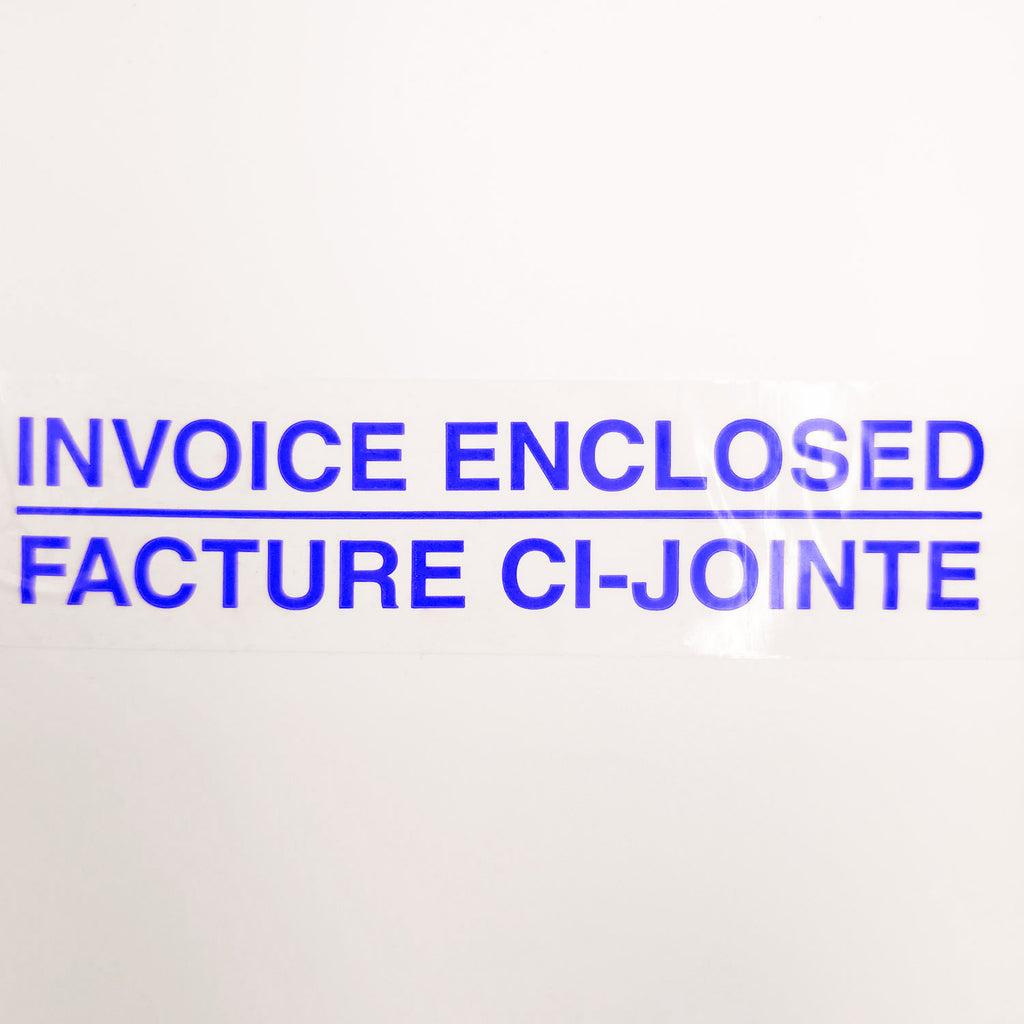 Text 'INVOICE ENCLOSED' and 'FACTURE CI-JOINTE' in blue on a white background