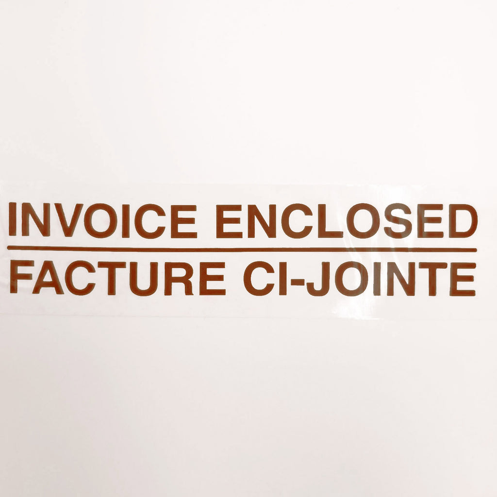 Text 'INVOICE ENCLOSED' and 'FACTURE CI-JOINTE' in brown on a white background