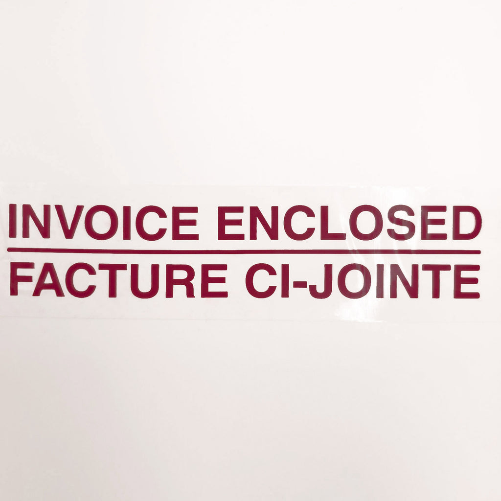 Text 'INVOICE ENCLOSED' and 'FACTURE CI-JOINTE' in burgundy on a white background