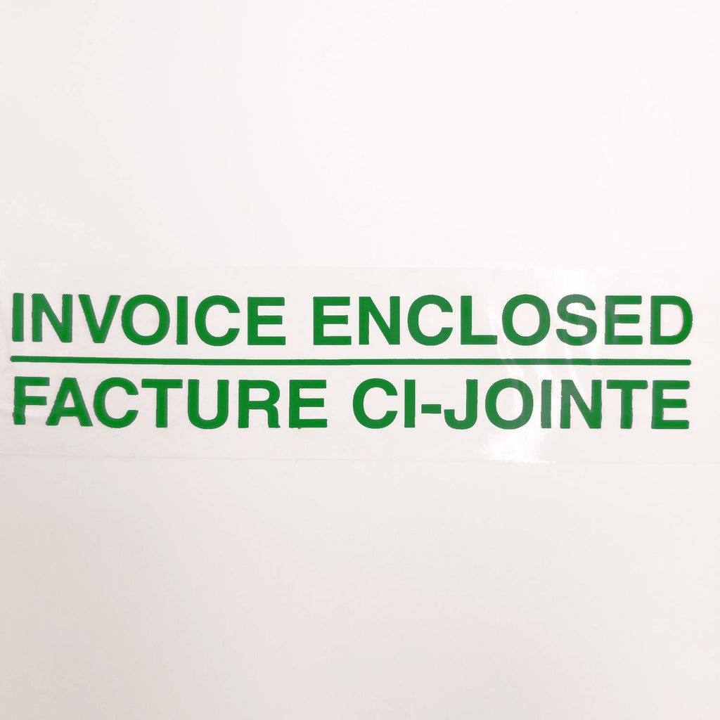 Text 'INVOICE ENCLOSED' and 'FACTURE CI-JOINTE' in green on a white background
