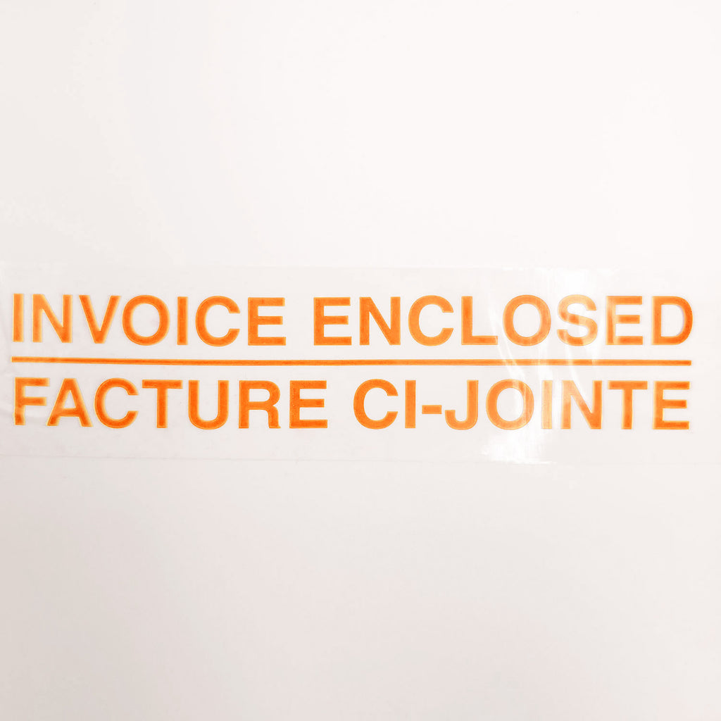 Text 'INVOICE ENCLOSED' and 'FACTURE CI-JOINTE' in orange on a white background