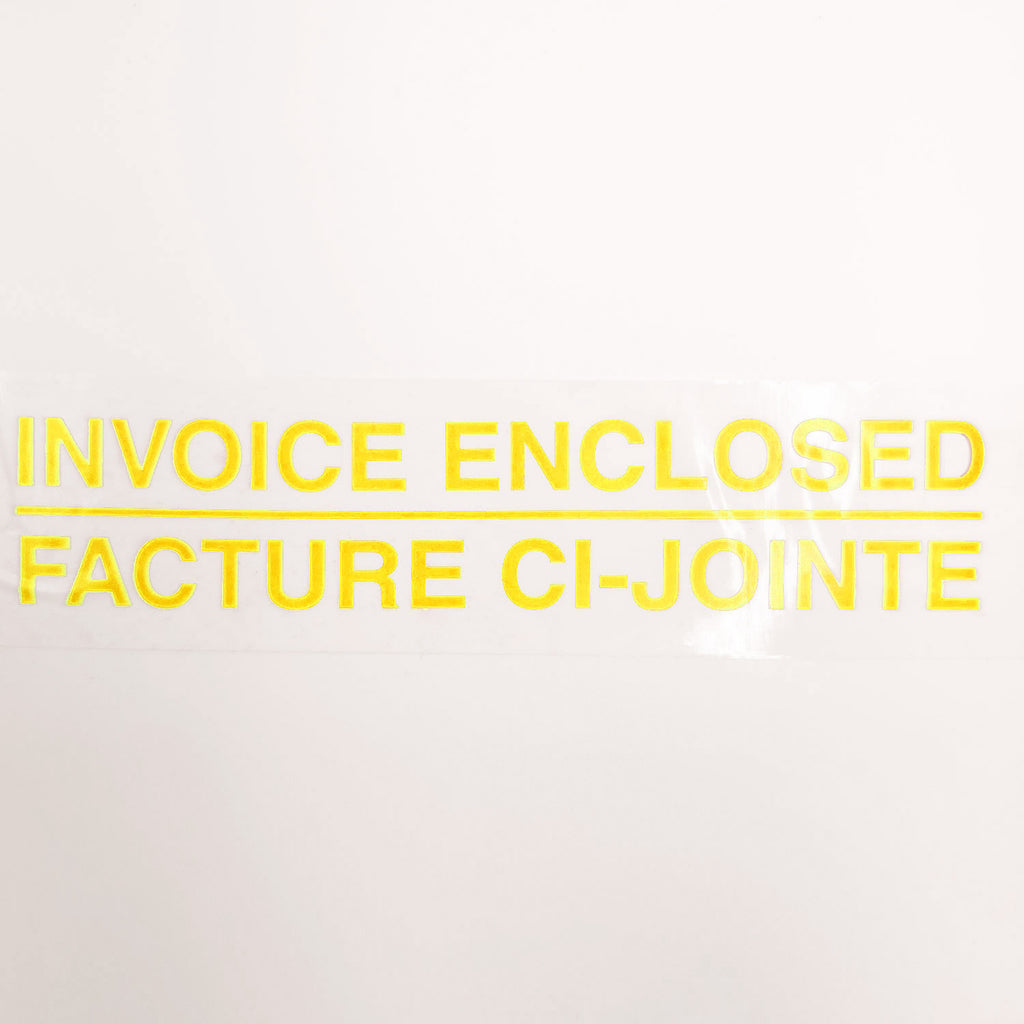 Text 'INVOICE ENCLOSED' and 'FACTURE CI-JOINTE' in yellow on a white background