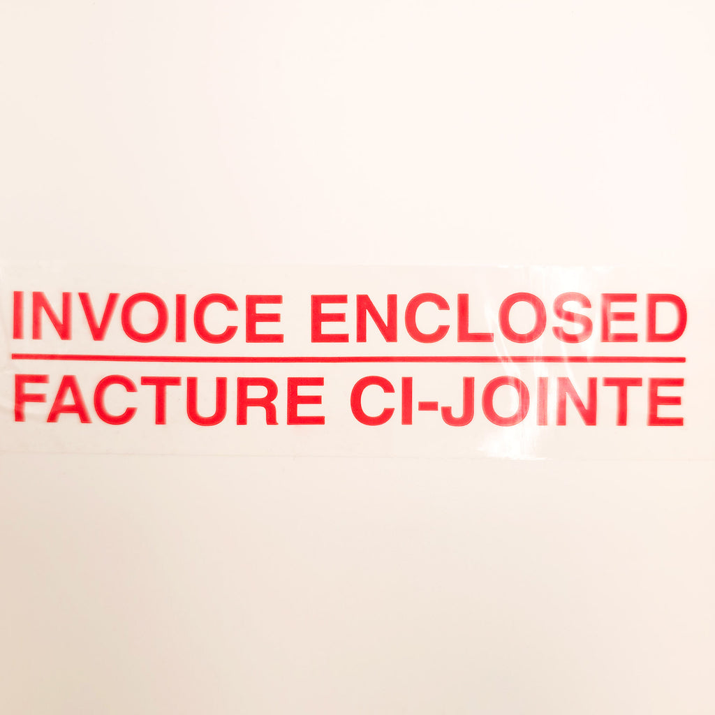 Text 'INVOICE ENCLOSED' and 'FACTURE CI-JOINTE' in red on a white background