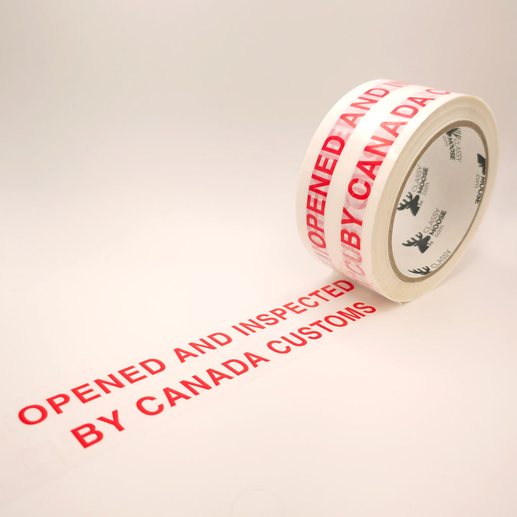 Roll of tape with 'Opened and inspected by Canada Customs' text on a white background
