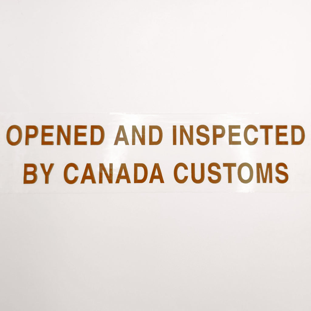 Brown text 'OPENED AND INSPECTED BY CANADA CUSTOMS' on a white background