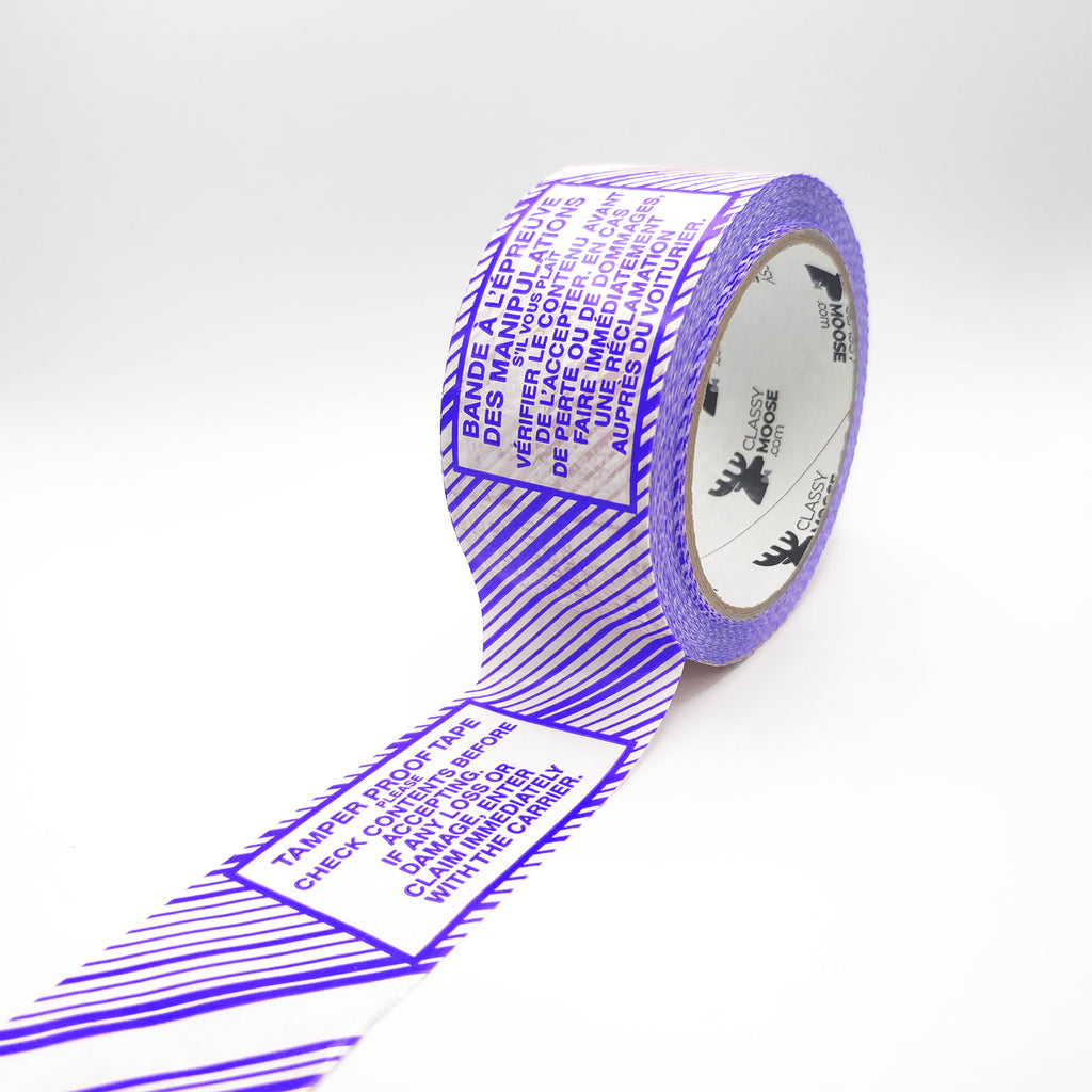Roll of blue and white tape with text on a white background