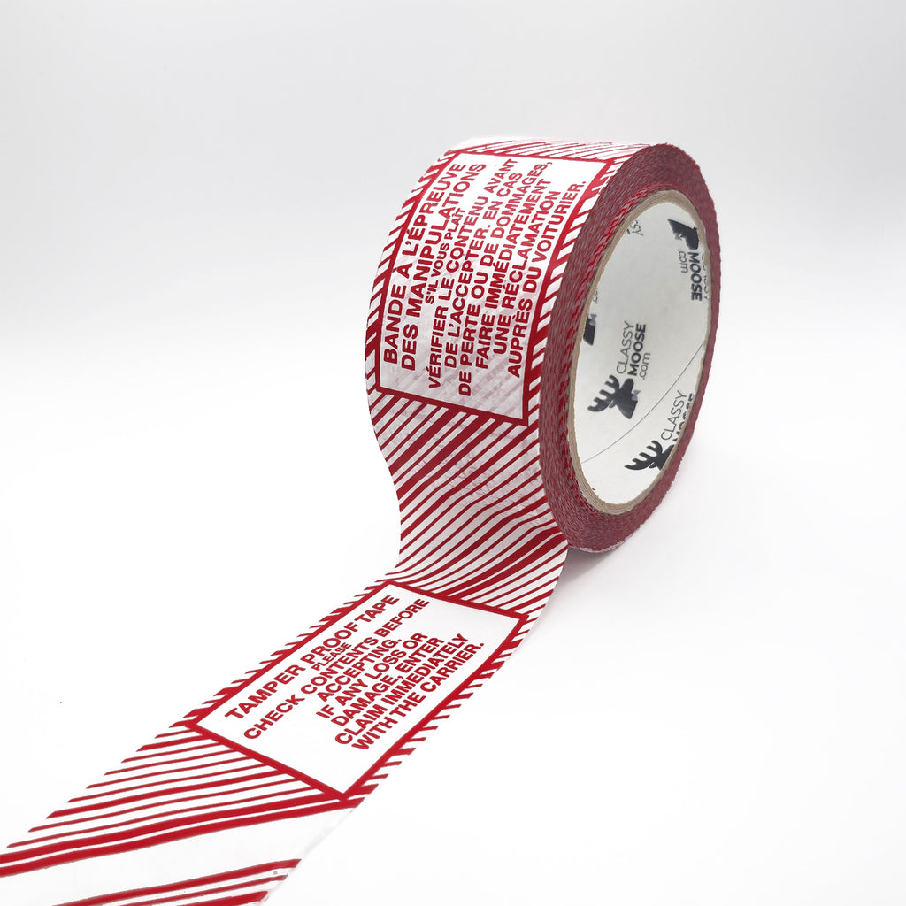 Roll of burgundy and white tape with text on a white background