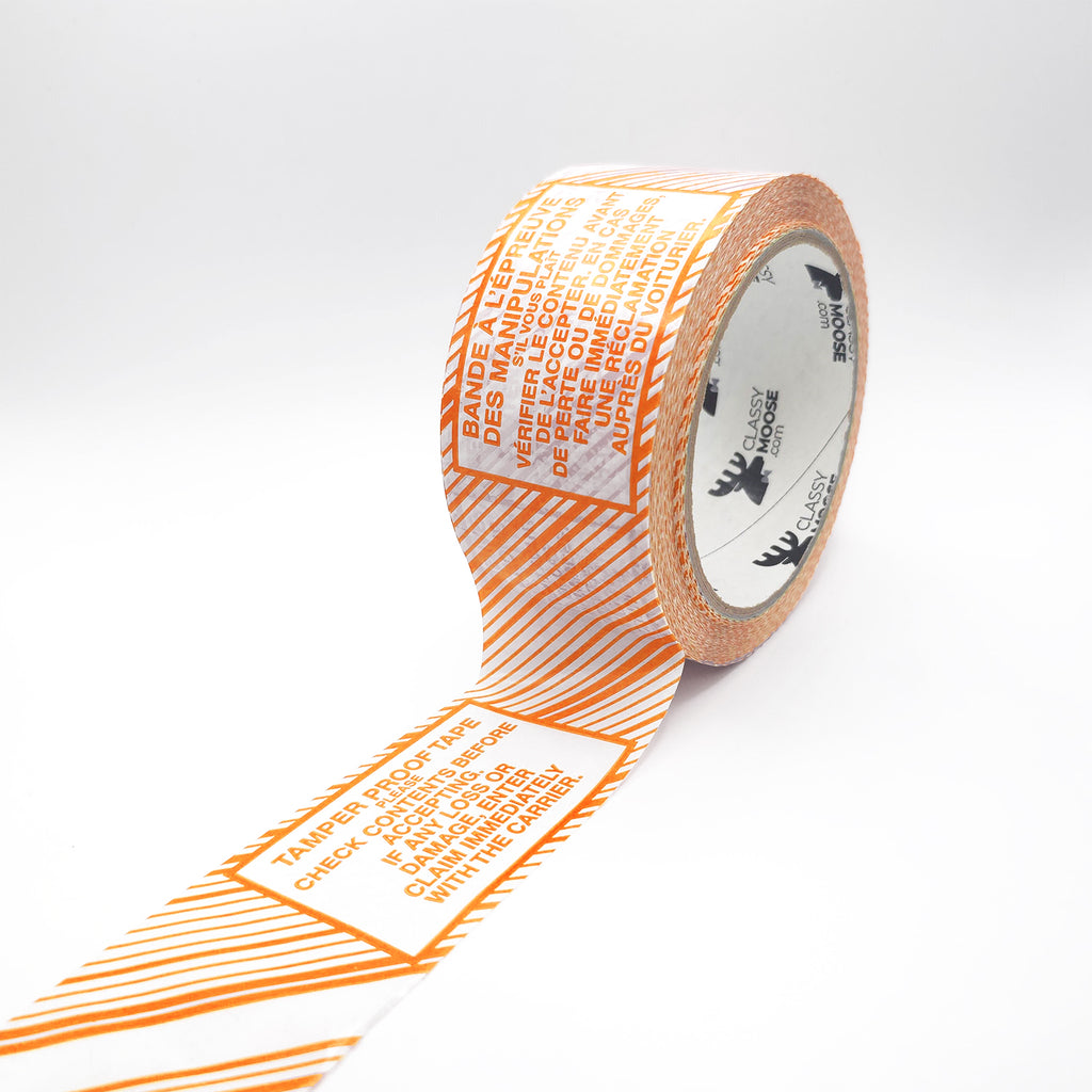 Roll of orange and white tape with text on a white background