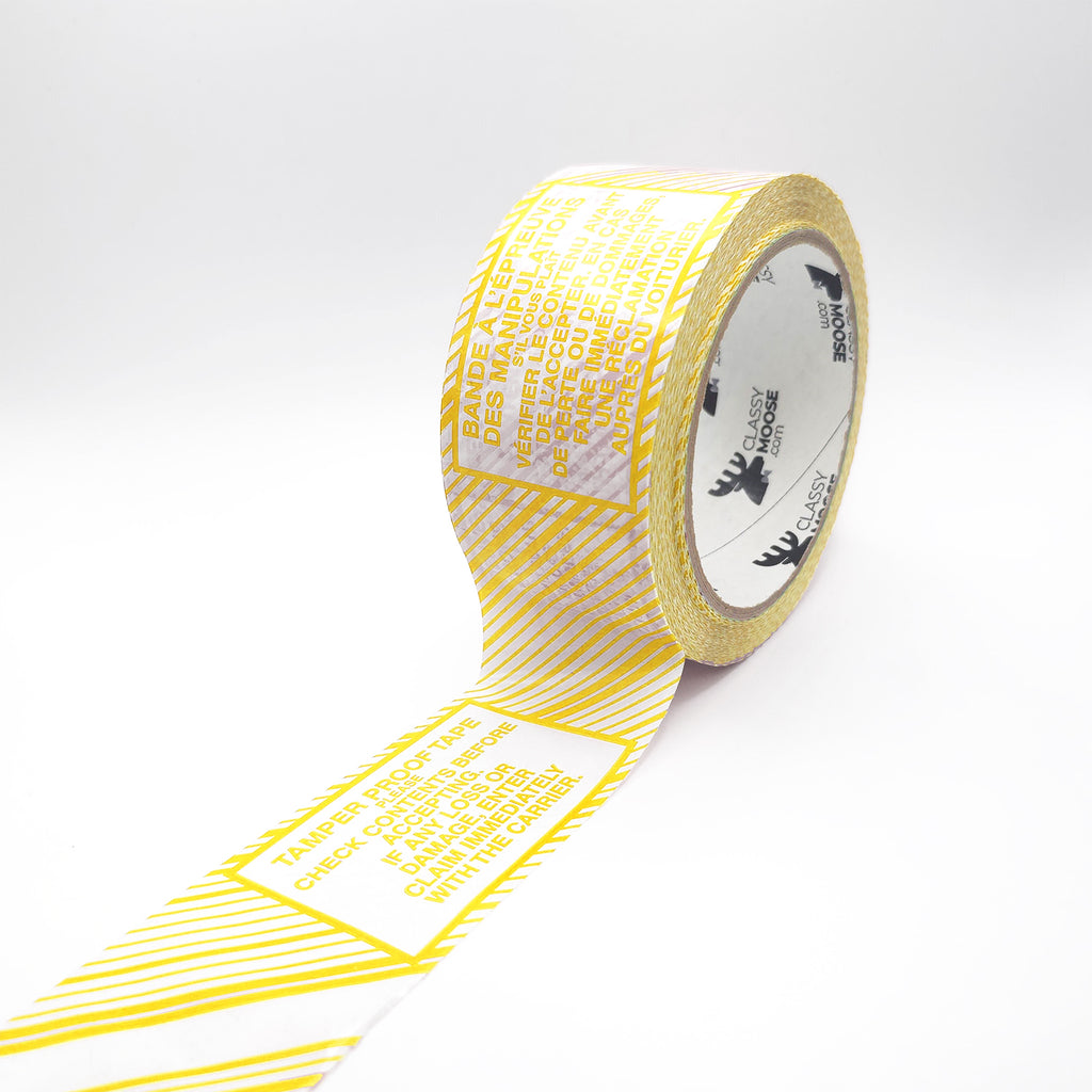 Roll of yellow and white tape with text on a white background