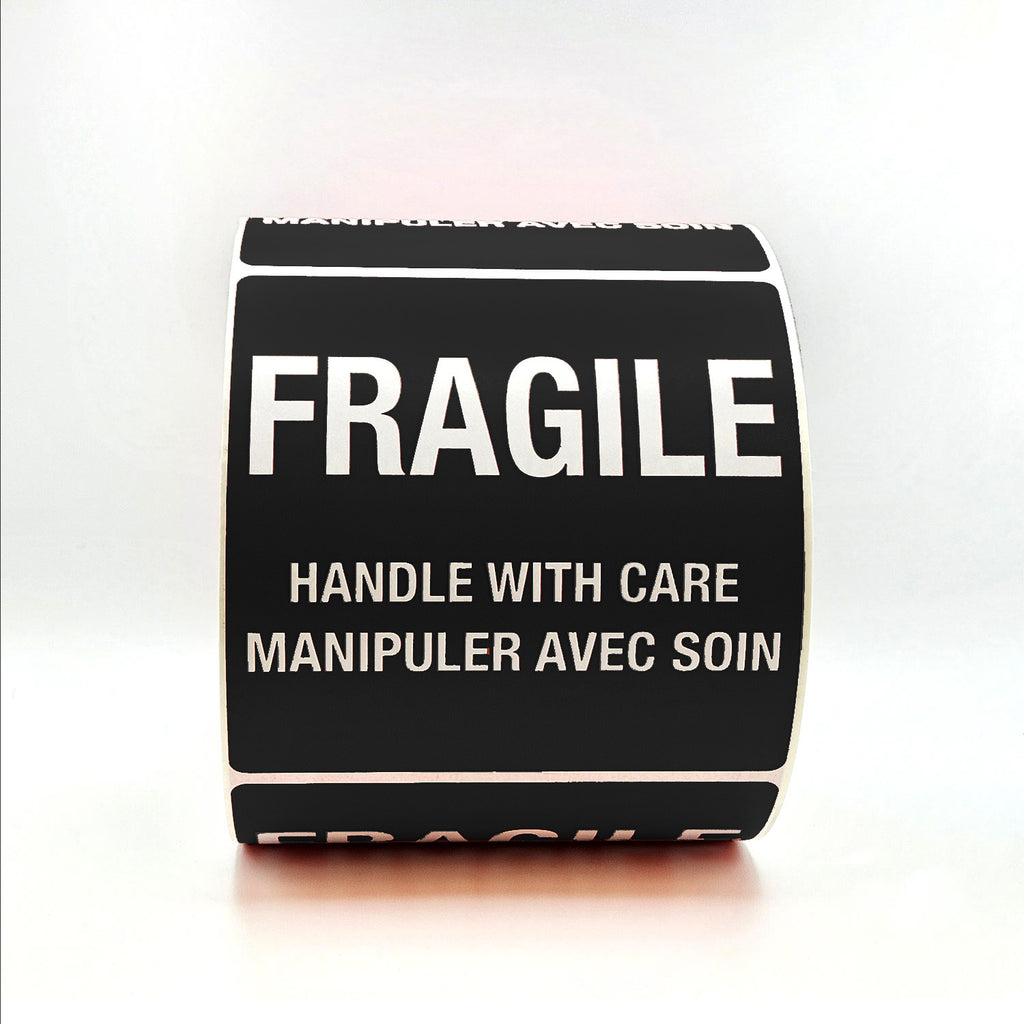 Fragile label with text 'Handle with care' on a white background in black