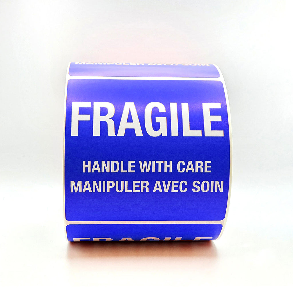 Roll of blue tape with 'Fragile Handle with Care' text on a white background