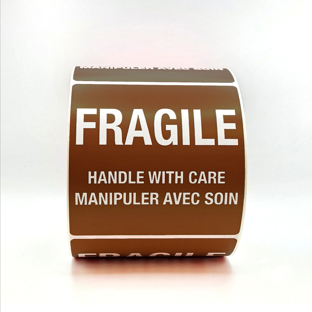 Brown 'Fragile' label with white text on a white background