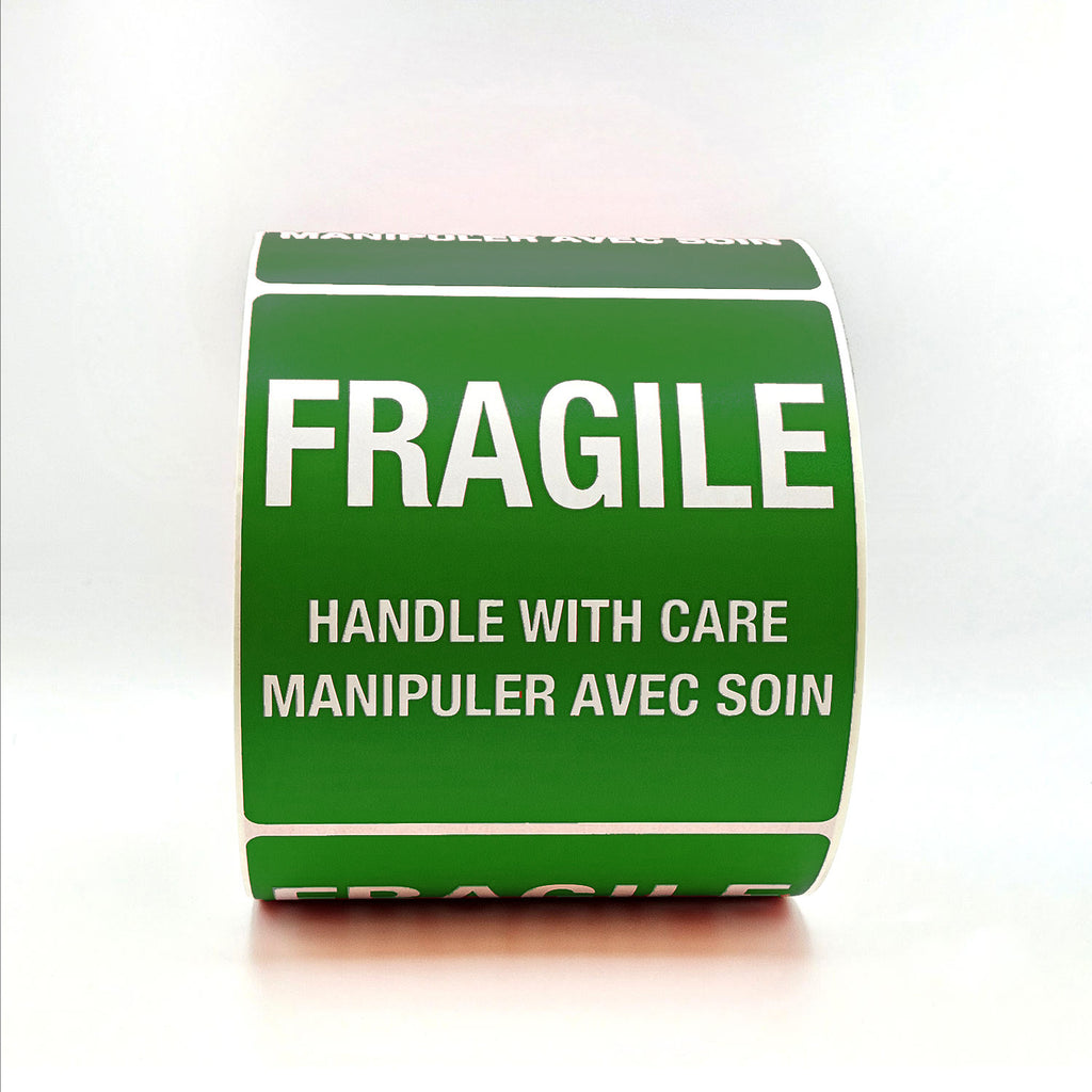 Green 'Fragile' label with text on a white background