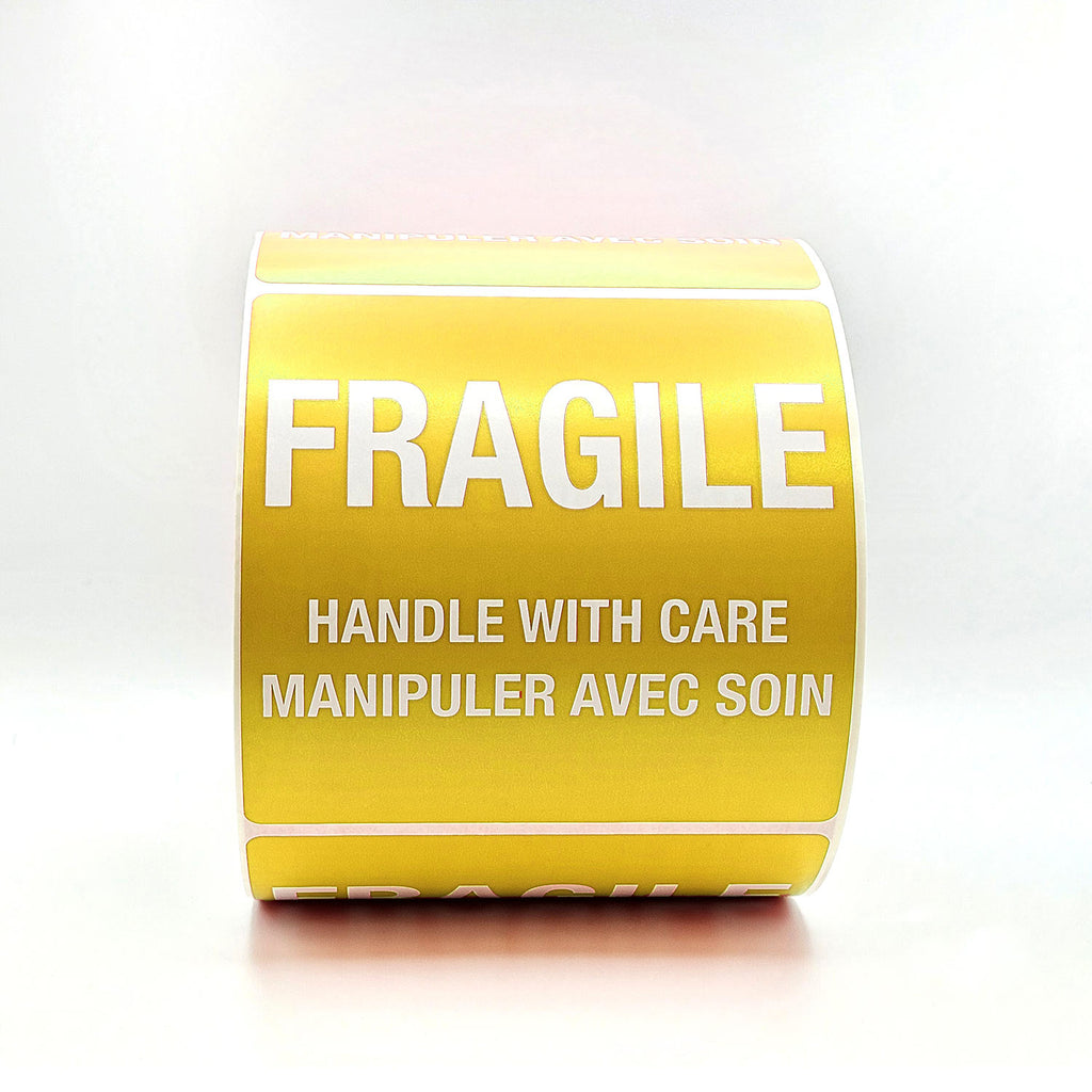 Yellow 'Fragile' label with text on a white background