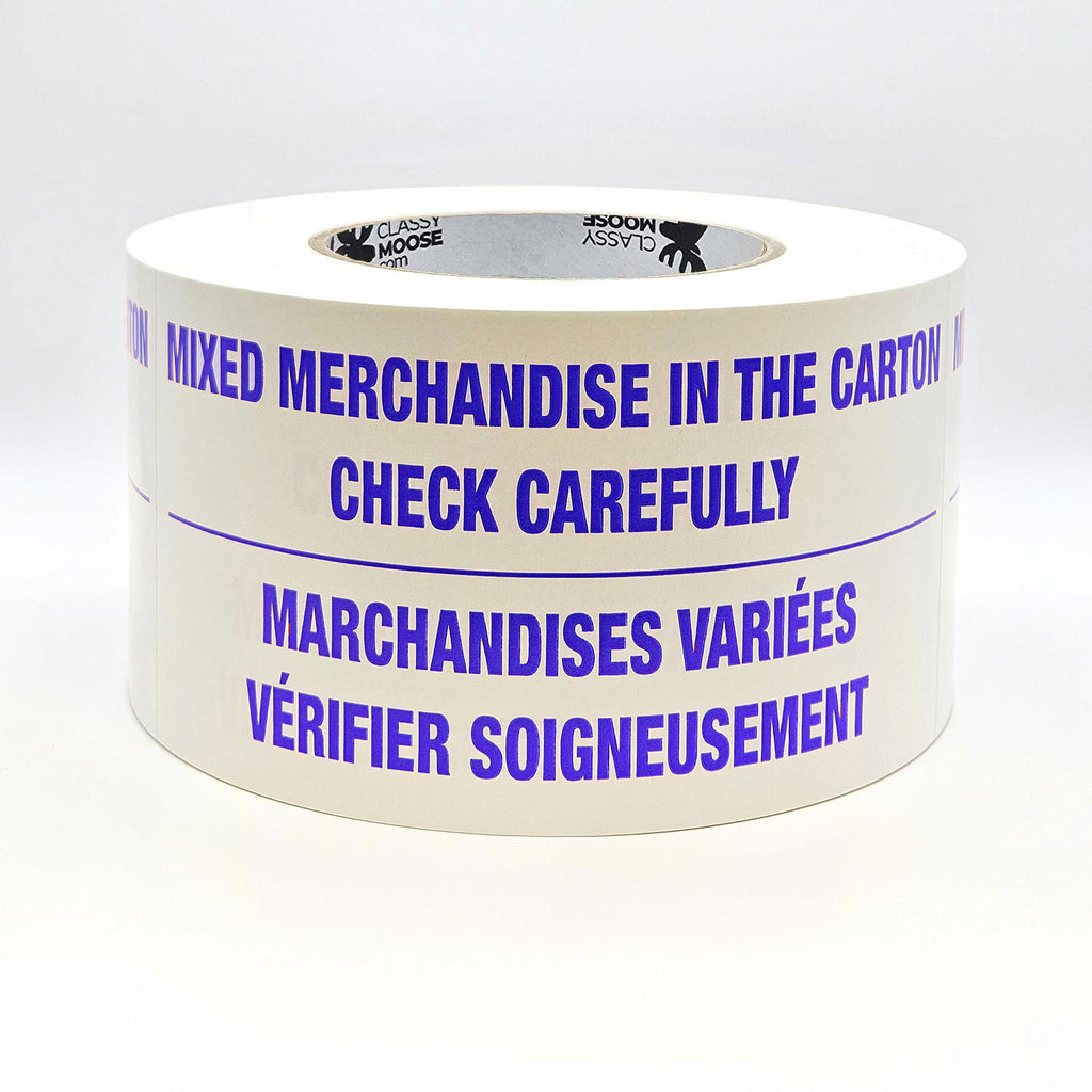 A roll of labels with the text 'MIXED MERCHANDISE IN THE CARTON CHECK CAREFULLY' printed in English and French, indicating bilingual packaging required. Flat view in blue