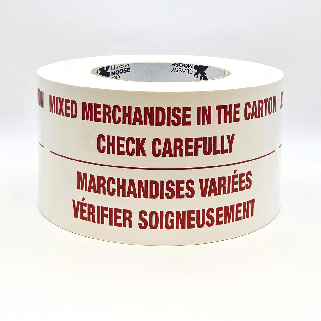 A roll of labels with the text 'MIXED MERCHANDISE IN THE CARTON CHECK CAREFULLY' printed in English and French, indicating bilingual packaging required. Flat view in burgundy