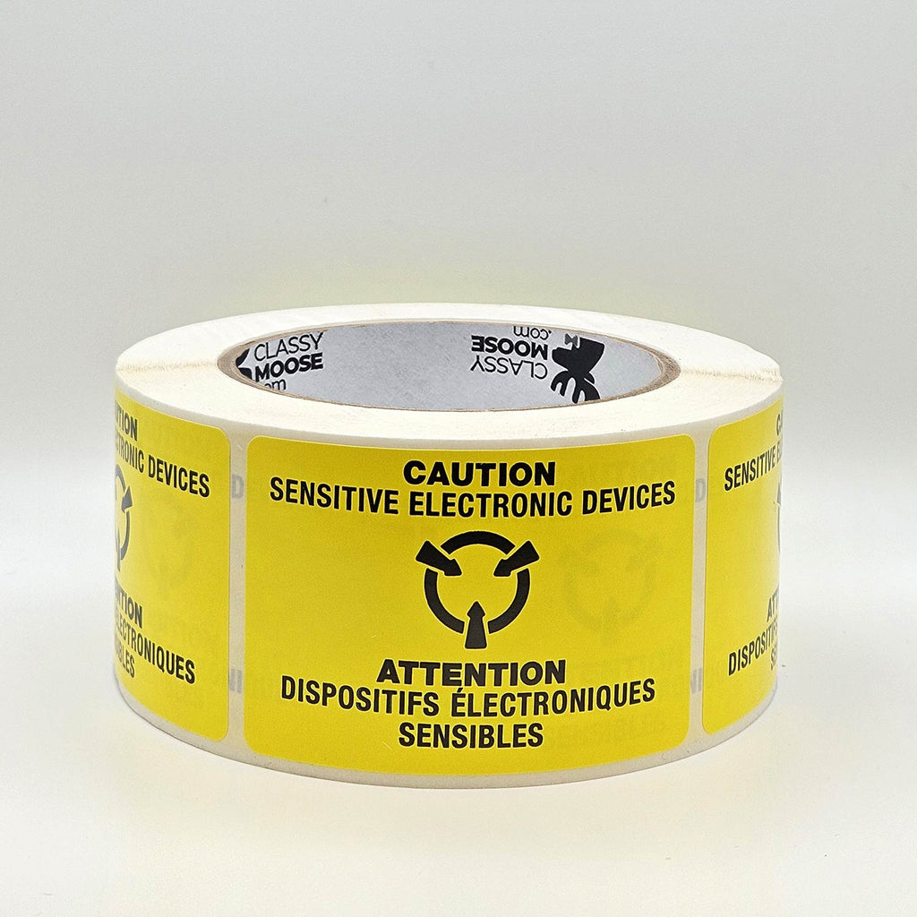 SENSITIVE ELECTRONIC DEVICES Bilingual Labels 2" x 3" | Classy Moose™ flat view