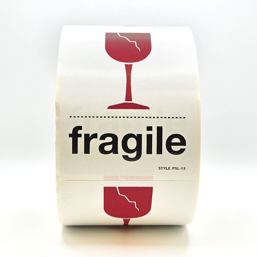 A roll of white labels with 'fragile' text and a broken glass pictogram in burgundy and black.
