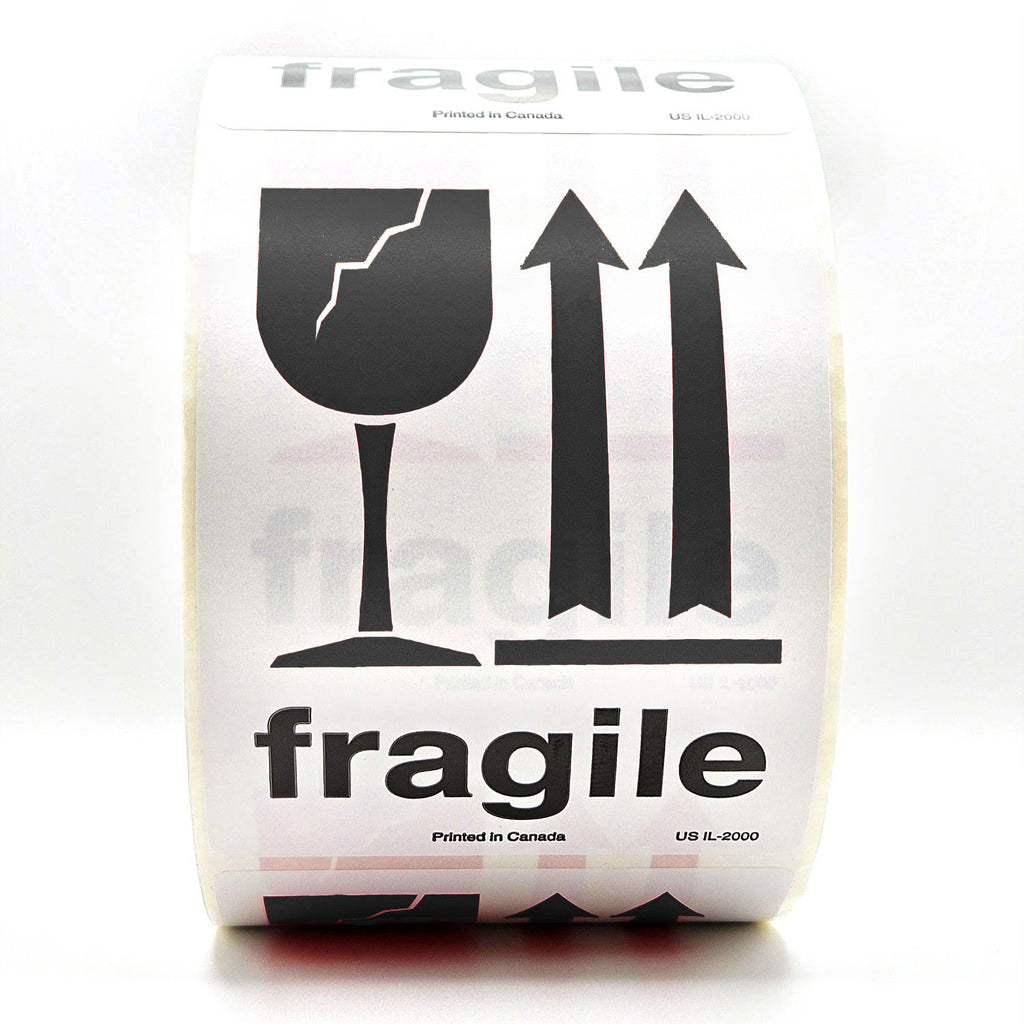 A roll of white shipping labels with 'Fragile' text and a broken glass symbol, and arrows pointing up on it. in black
