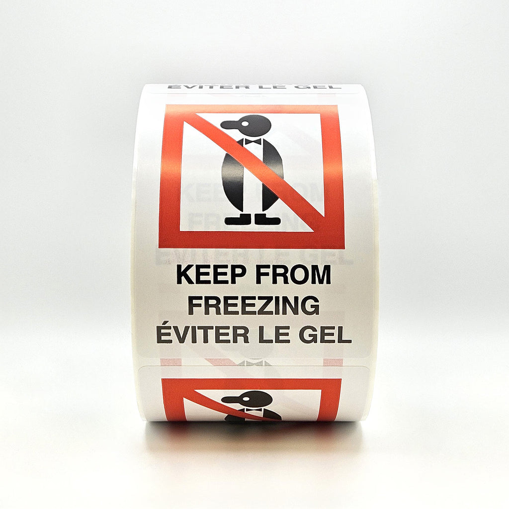 KEEP FROM FREEZING with Penguin Bilingual Labels 3" x 4" front view