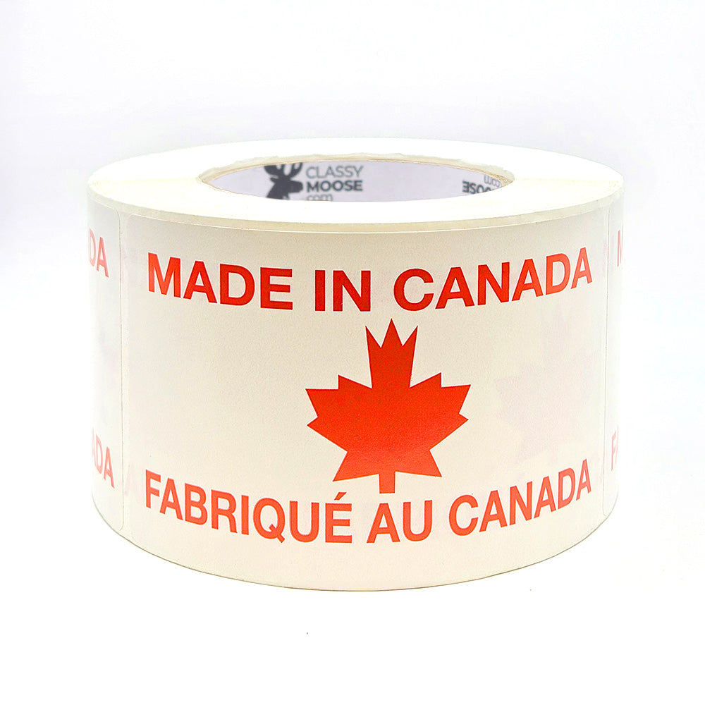 MADE IN CANADA with Maple Leaf Bilingual 3" x 5" Labels flat view