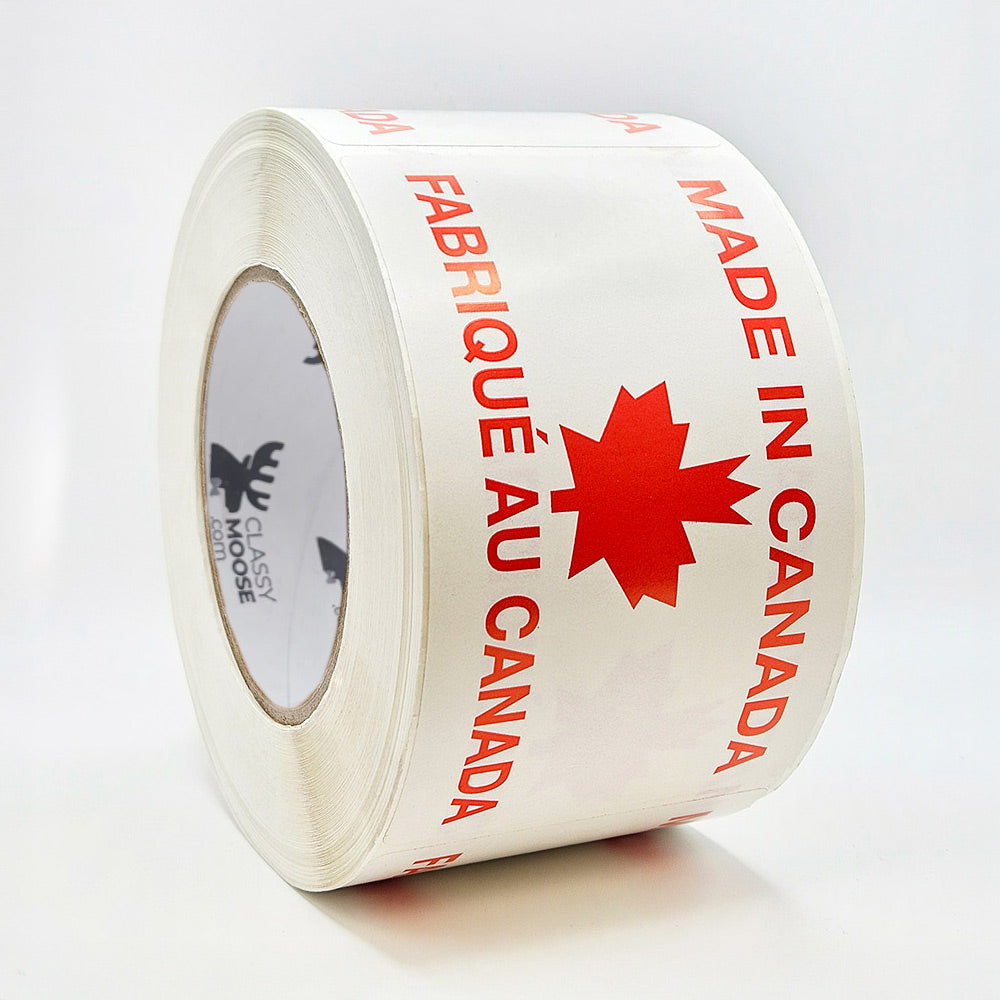 MADE IN CANADA with Maple Leaf Bilingual 3" x 5" Labels side view