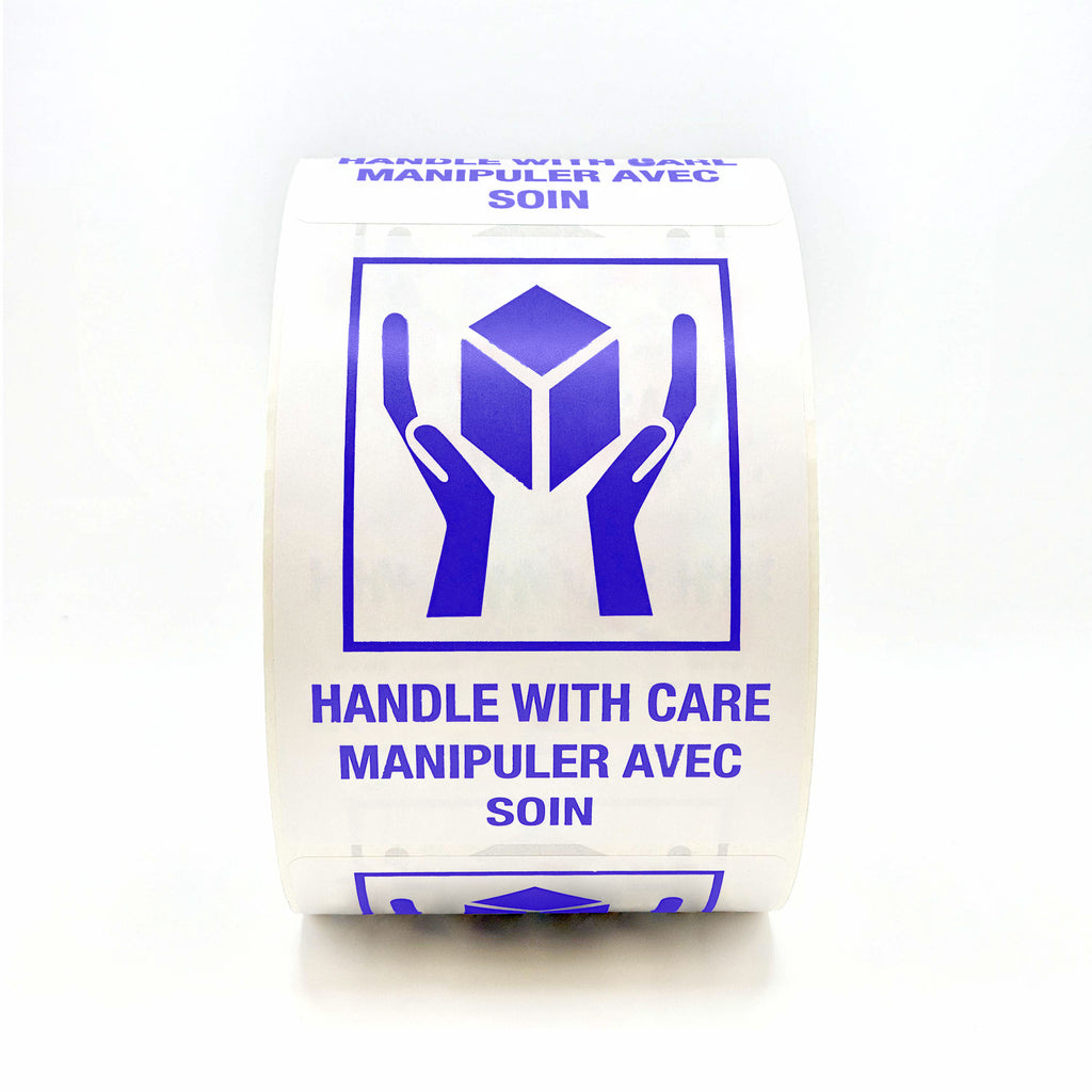 HANDLE WITH CARE Hands and Box Bilingual Labels 3" x 4" - 500 per roll flat view in blue