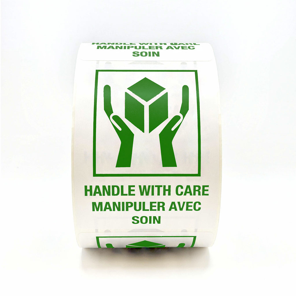 HANDLE WITH CARE Hands and Box Bilingual Labels 3" x 4" - 500 per roll flat view in green
