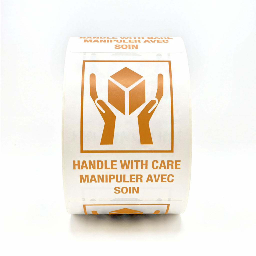 HANDLE WITH CARE Hands and Box Bilingual Labels 3" x 4" - 500 per roll flat view in orange