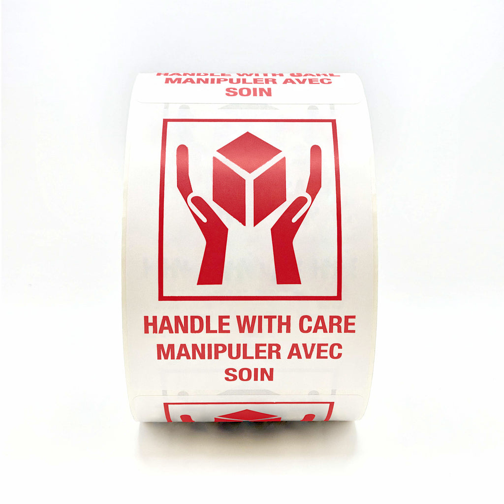 HANDLE WITH CARE Hands and Box Bilingual Labels 3" x 4" - 500 per roll flat view in red
