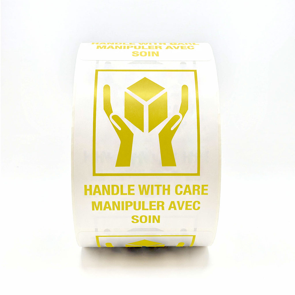 HANDLE WITH CARE Hands and Box Bilingual Labels 3" x 4" - 500 per roll flat view in yellow