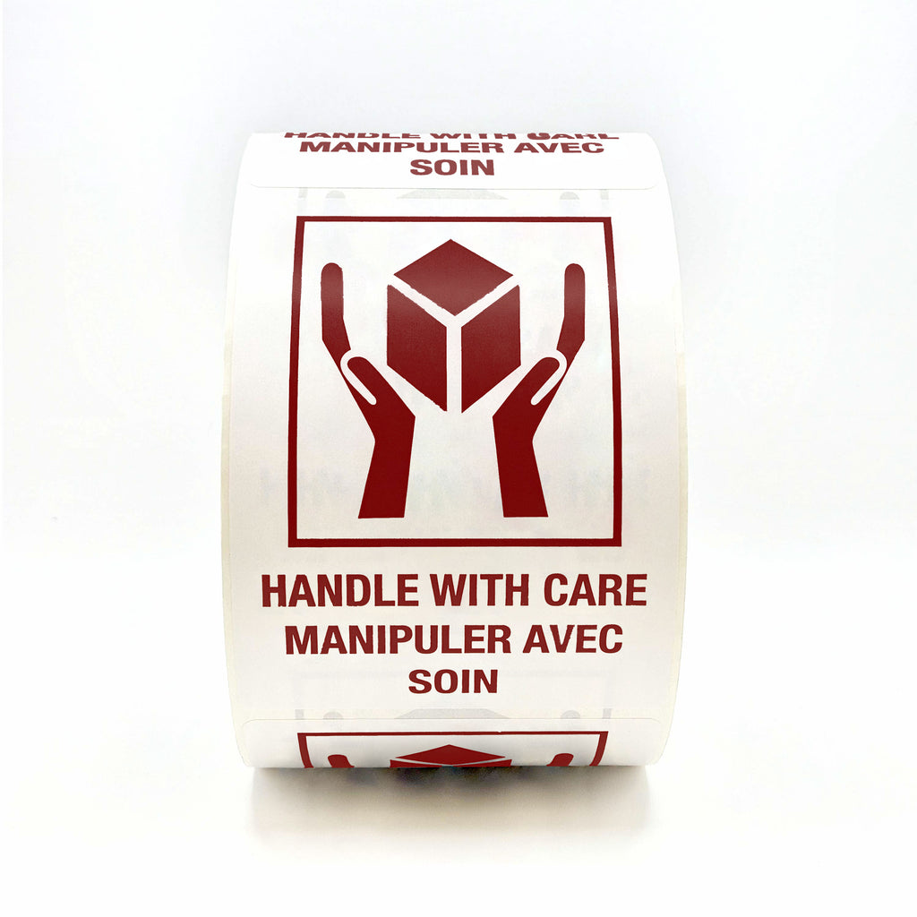 HANDLE WITH CARE Hands and Box Bilingual Labels 3" x 4" - 500 per roll flat view in burgundy
