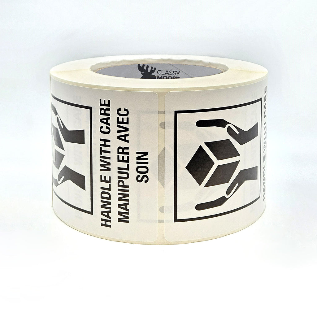 HANDLE WITH CARE Hands and Box Bilingual Labels 3" x 4" - 500 per roll flat view