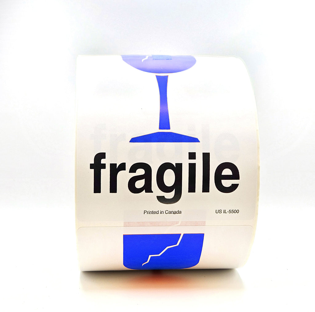 A roll of packing tape with 'fragile' text and a broken glass pictogram printed in blue on a white background.
