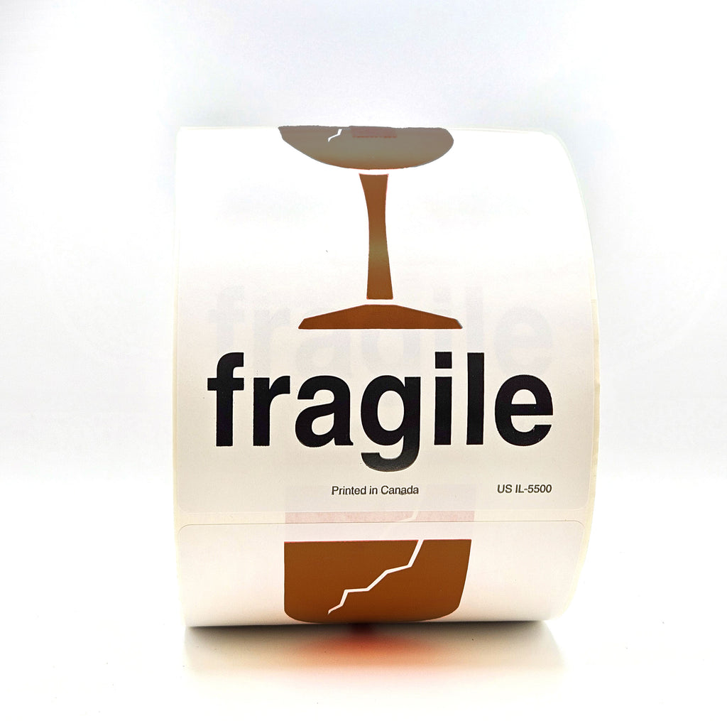A roll of packing tape with 'fragile' text and a broken glass pictogram printed in brown on a white background.