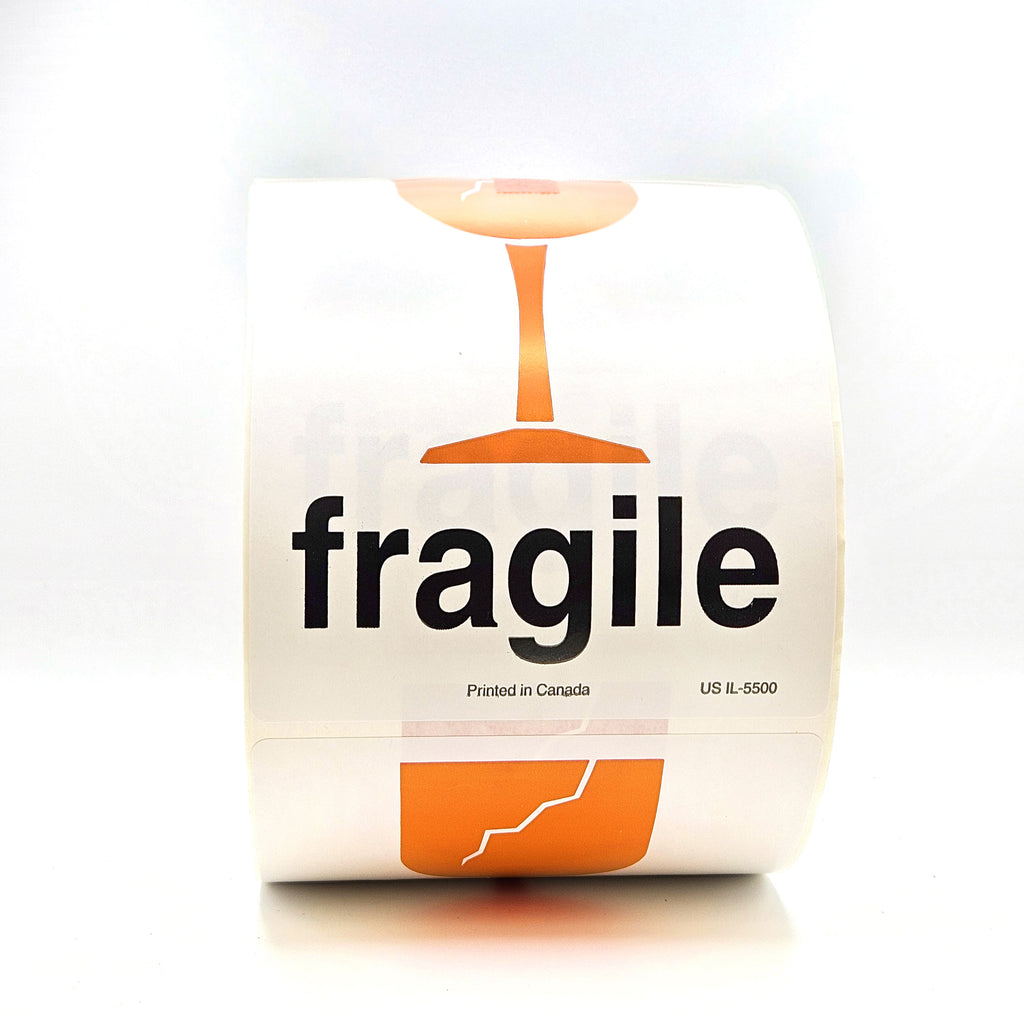 A roll of packing tape with 'fragile' text and a broken glass pictogram printed in orange on a white background.