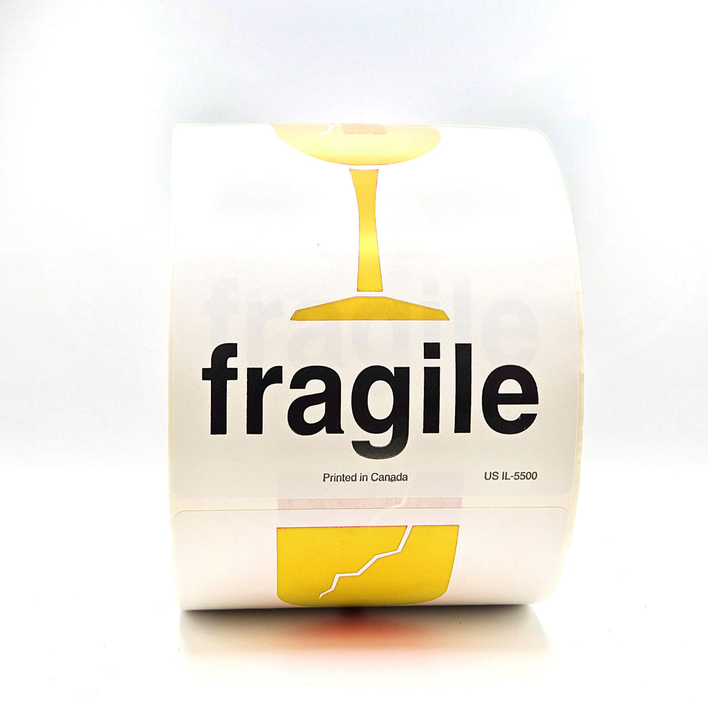 A roll of packing tape with 'fragile' text and a broken glass pictogram printed in yellow on a white background.