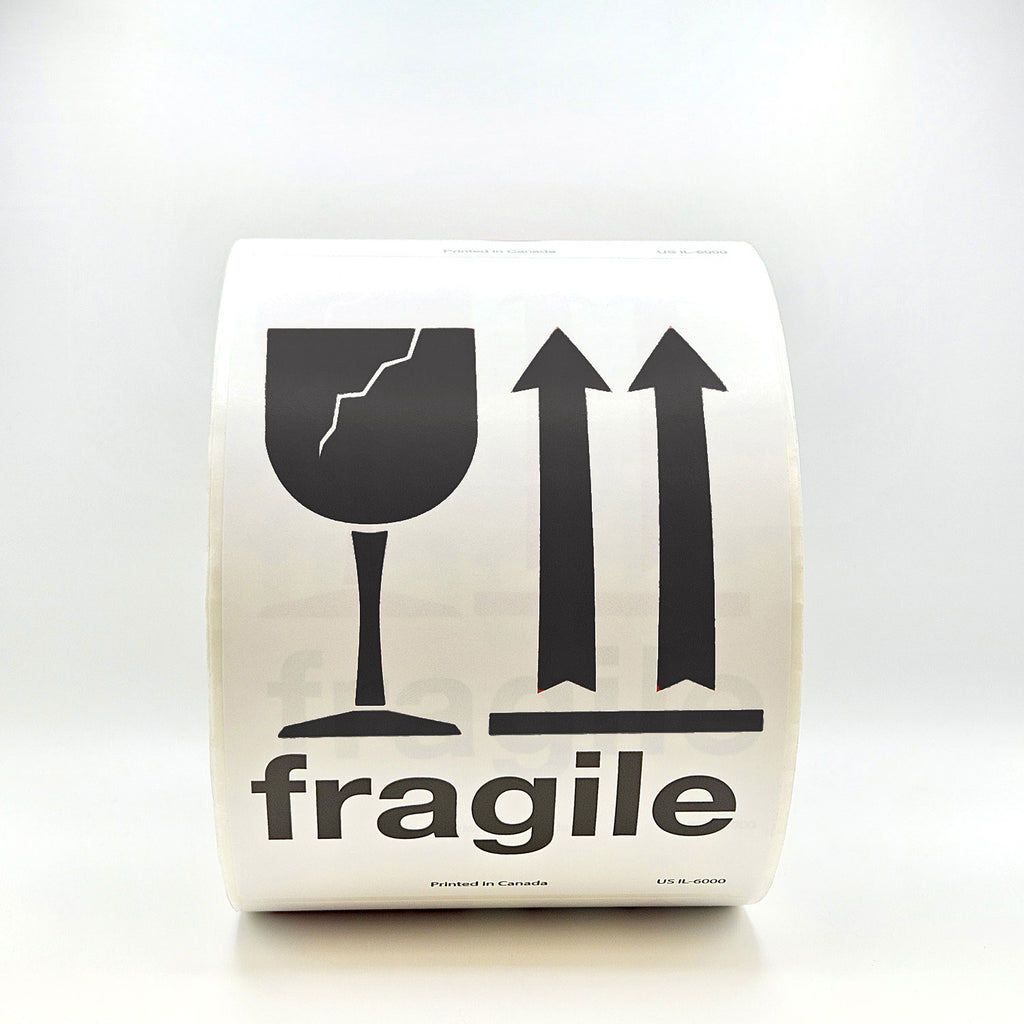 A roll of packing tape with 'fragile' text and a black broken glass symbol, indicating the contents should be handled with care.
