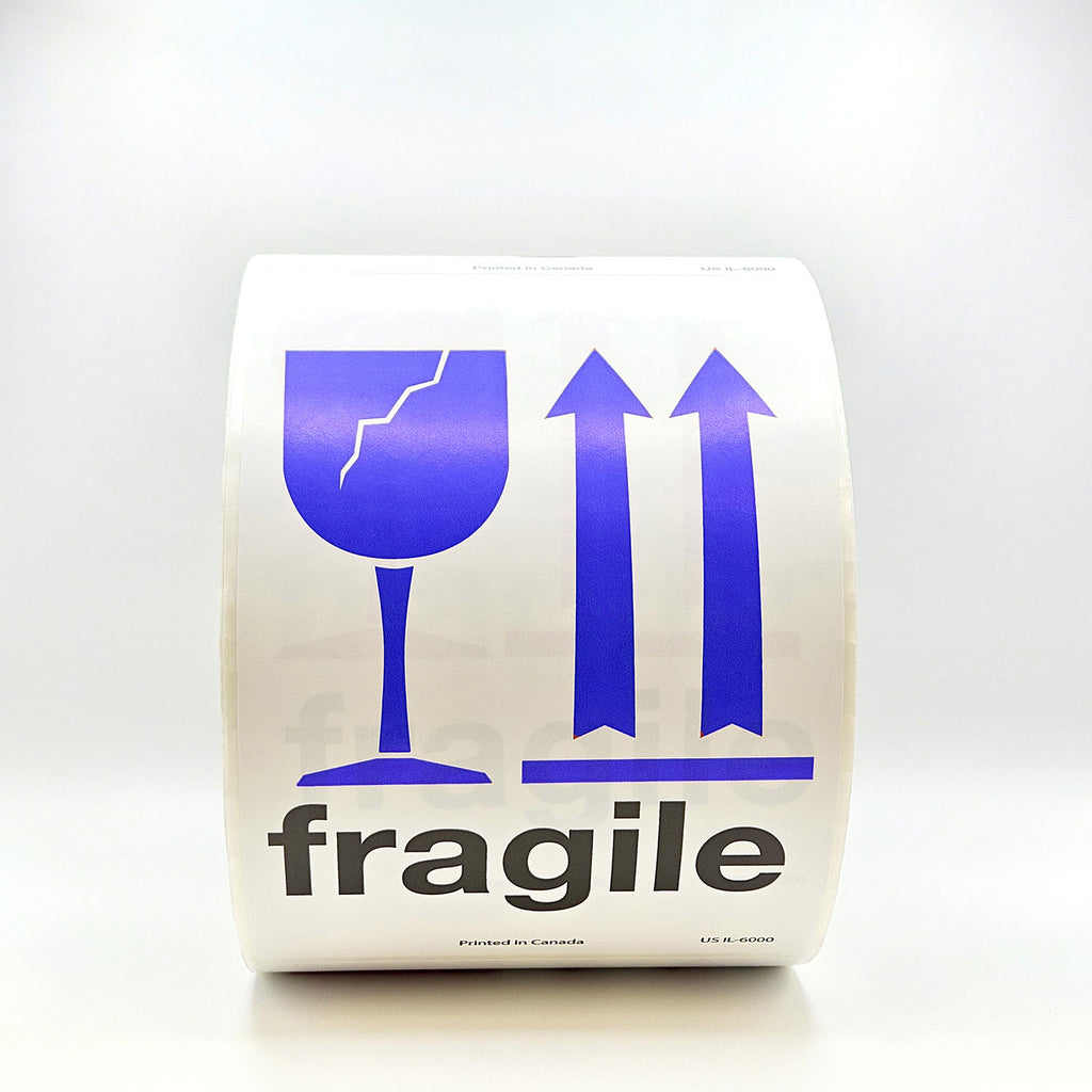 A roll of packing tape with 'fragile' text and a blue broken glass symbol, indicating the contents should be handled with care.