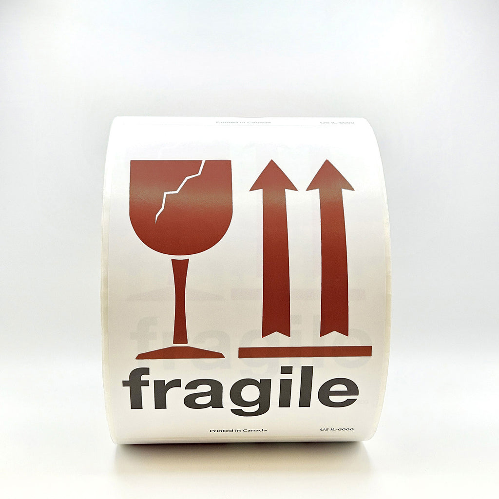 A roll of packing tape with 'fragile' text and a brown broken glass symbol, indicating the contents should be handled with care.