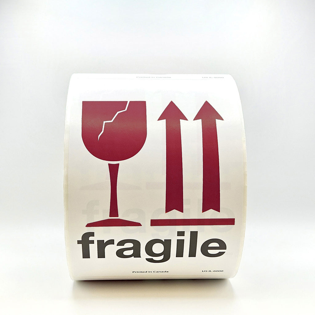 A roll of packing tape with 'fragile' text and a burgundy broken glass symbol, indicating the contents should be handled with care.