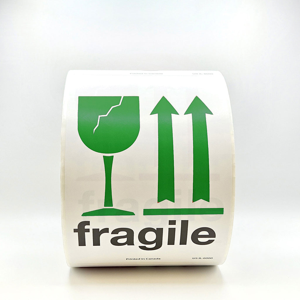A roll of packing tape with 'fragile' text and a green broken glass symbol, indicating the contents should be handled with care.