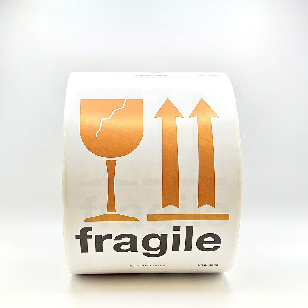 A roll of packing tape with 'fragile' text and a orange broken glass symbol, indicating the contents should be handled with care.
