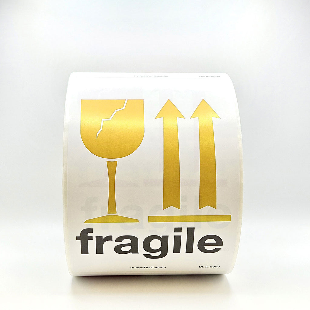 A roll of packing tape with 'fragile' text and a yellow broken glass symbol, indicating the contents should be handled with care.