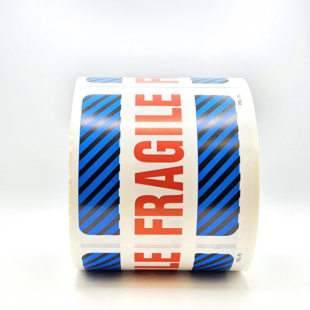 Red FRAGILE with Black and Blue Stripes Labels 4" x 4" - 500 per roll front view