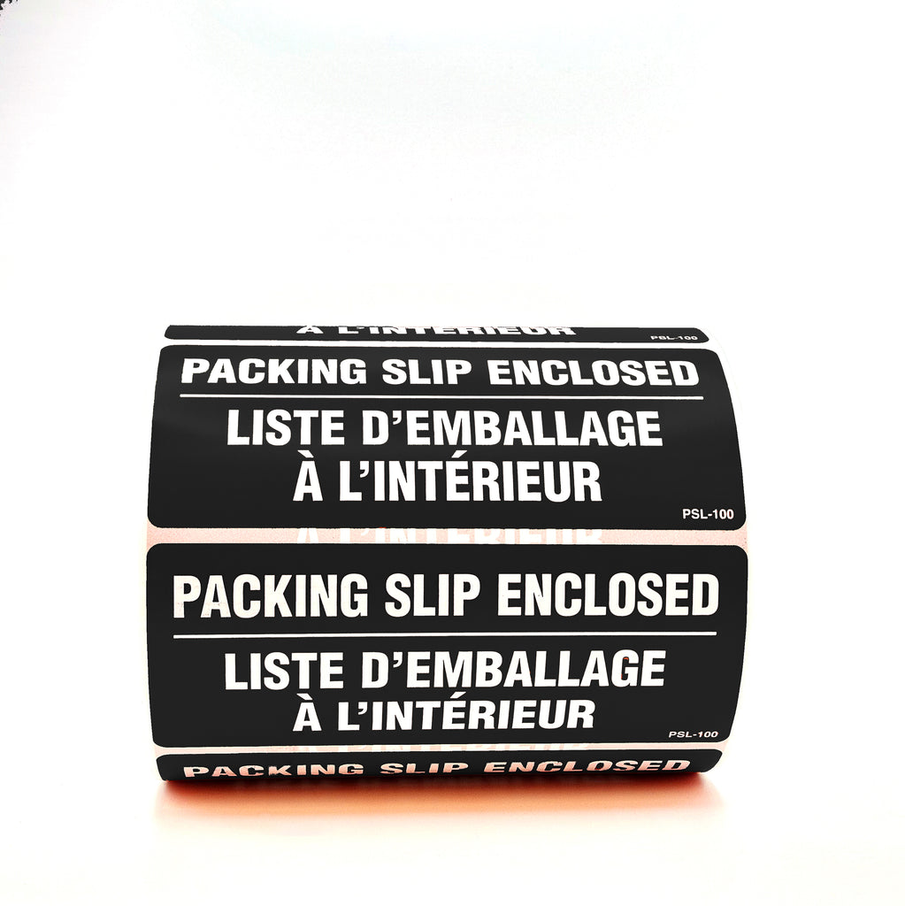 Roll of black labels with white text saying 'Packing Slip Enclosed' on a white background.