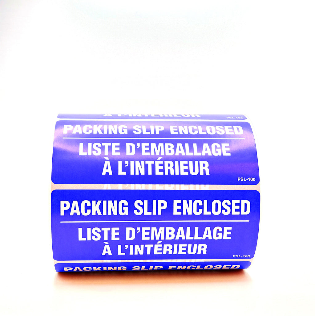 Roll of blue labels with white text saying 'Packing Slip Enclosed' on a white background.